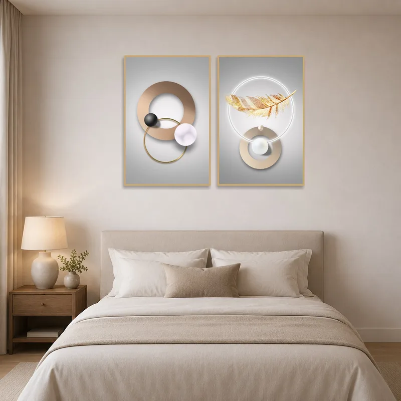 Tranquil bedroom showcasing geometric and feather art pieces above the bed.
