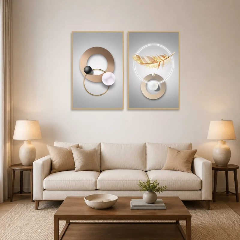 Wall art set featuring geometric patterns and feathers in a stylish living room.