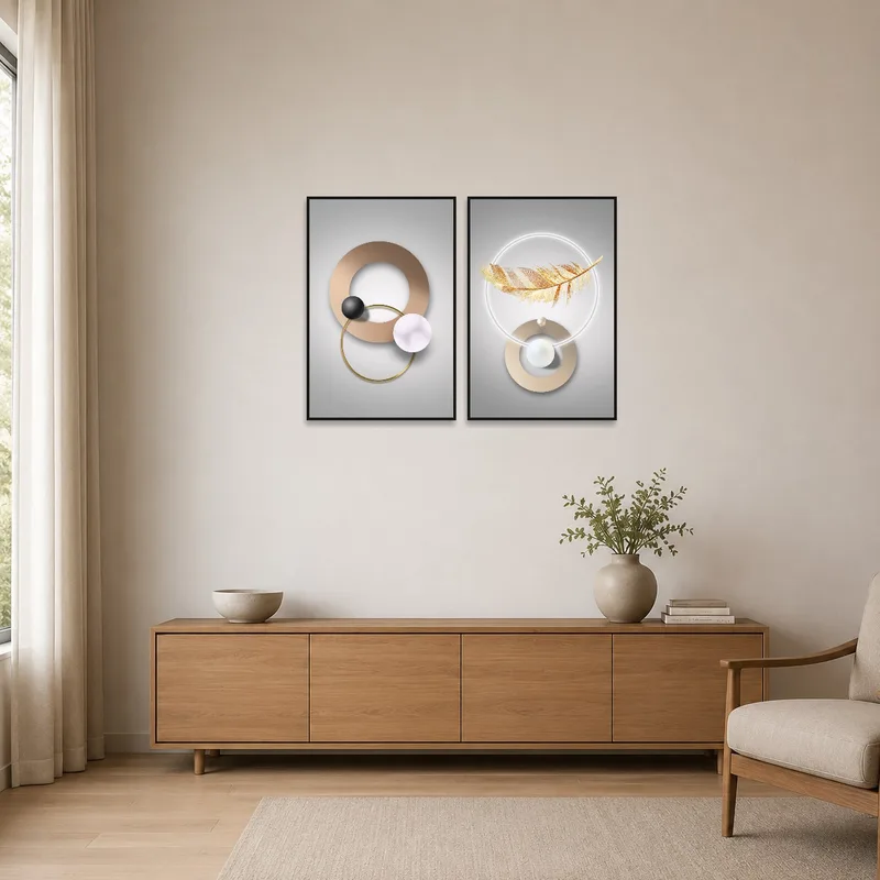 Simple geometric and feather art set adds a touch of elegance in a minimalist space.