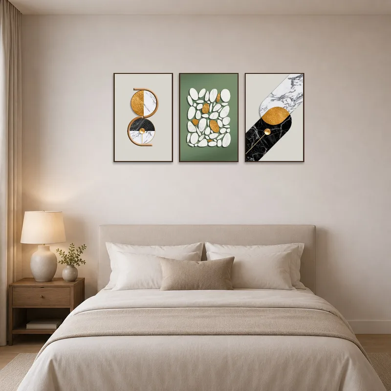 Elegantly designed triptych with geometric marble theme in a serene bedroom.