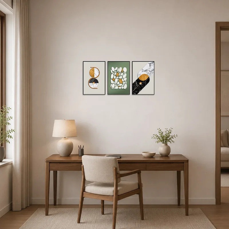 Sophisticated triptych of geometric marble designs in a contemporary home office.