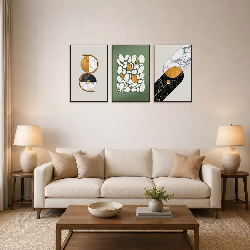 Triptych set with geometric marble design in a stylish living room setting.