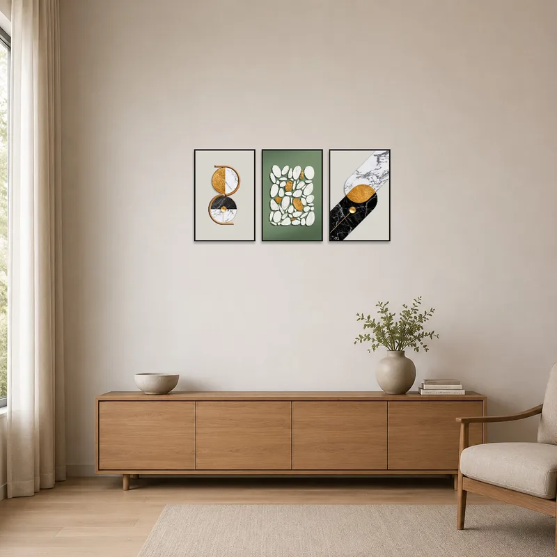 Simple, sleek triptych with geometric marble patterns in a minimalist room.