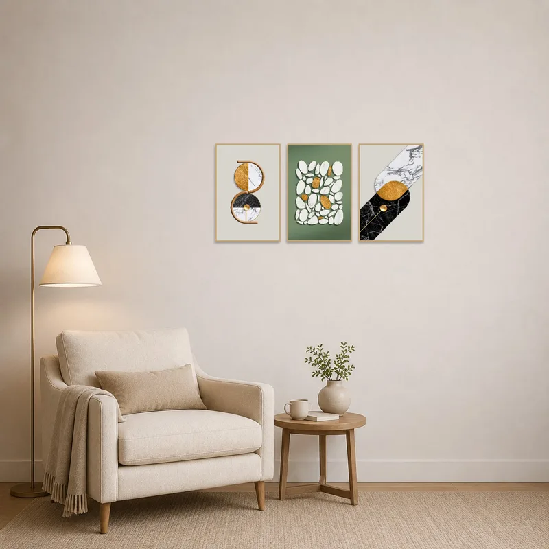 Artistic geometric marble triptych enhances a quiet reading corner.