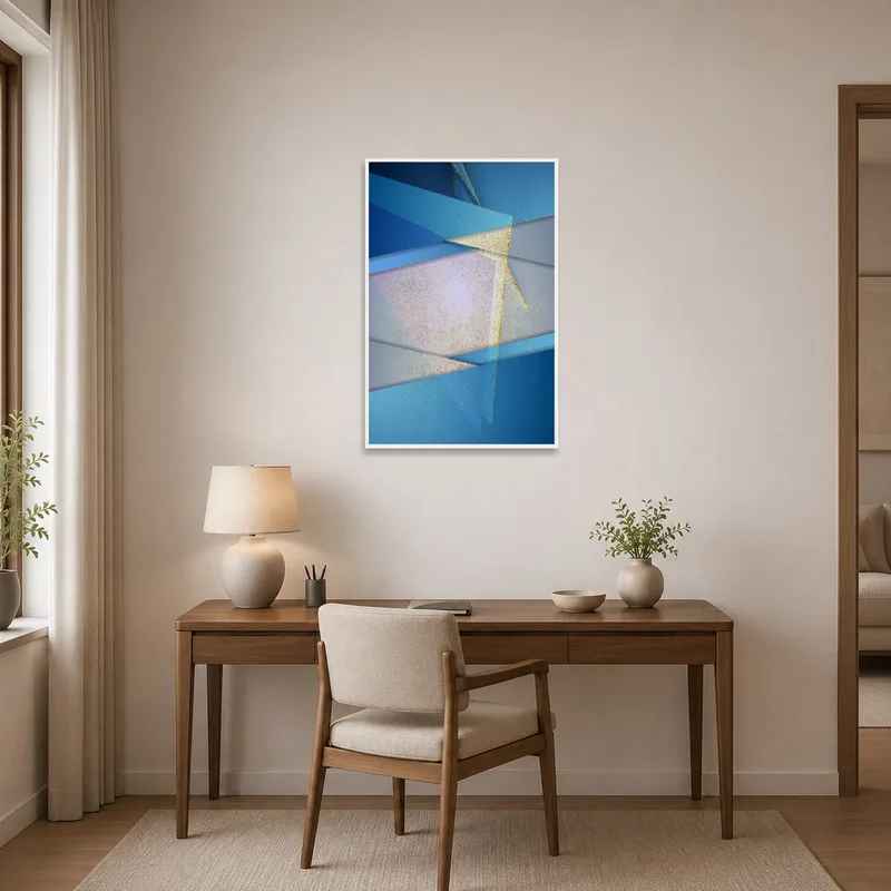 Bold blue and gold abstract art energizes a modern home office space.