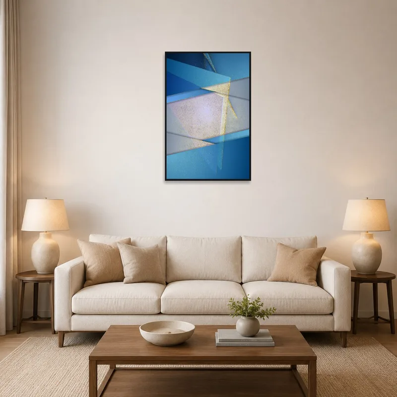 Abstract blue and gold art adds sophistication to a contemporary living room wall.