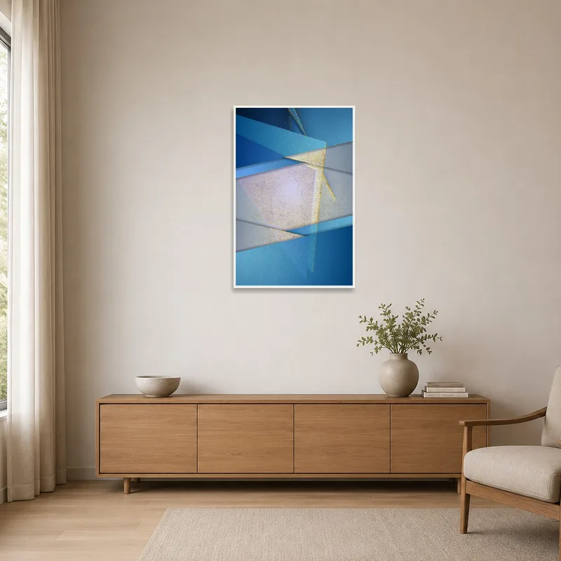 Minimalist room highlighted by a geometric blue and gold abstract art piece.