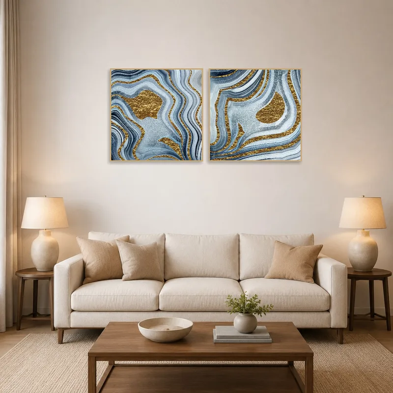 Abstract blue and gold geometric set adorning a living room wall with modern furniture.
