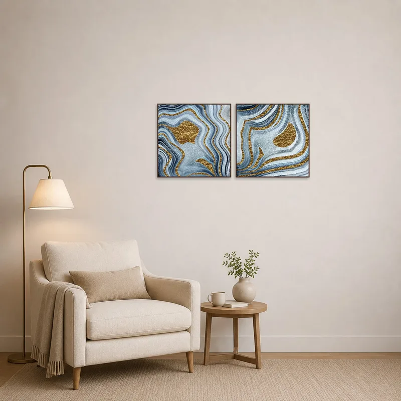 Cozy reading corner with an eye-catching blue and gold geometric abstract set.