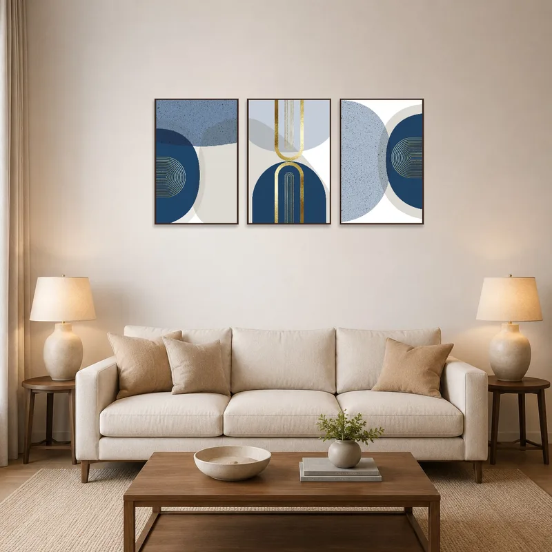 Triptych set with blue and gold geometric patterns displayed above a modern sofa.