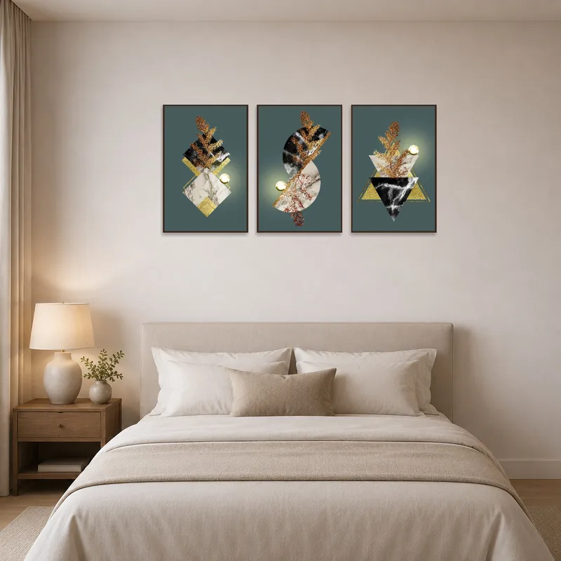 Bedroom wall adorned with a serene geometric and botanical triptych set.