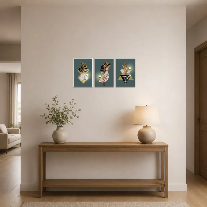 Entrance hall showcases a geometric botanical triptych for a welcoming touch.