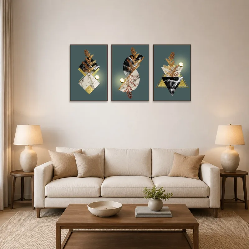 Elegant geometric botanical triptych art brightens a stylish living room wall.