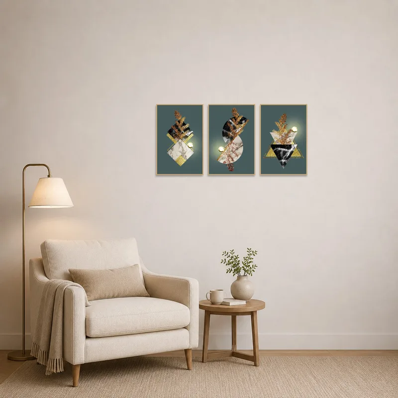 Reading corner with calming geometric botanical prints enhances the peaceful ambiance.