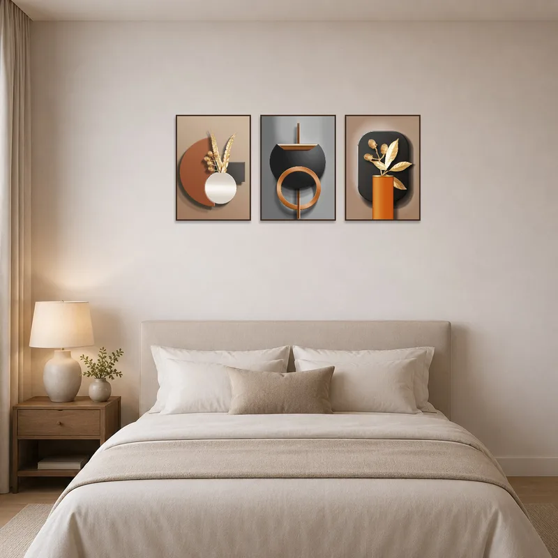 Botanical triptych set enhancing the ambiance above a bedroom headboard.