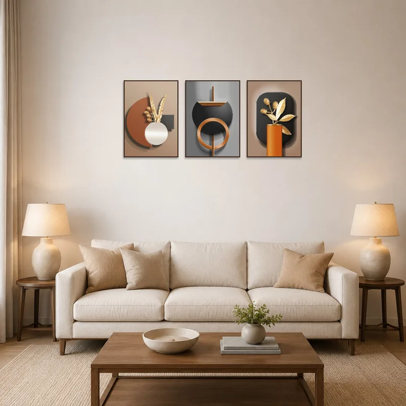 Geometric botanical triptych displayed above a modern living room sofa.