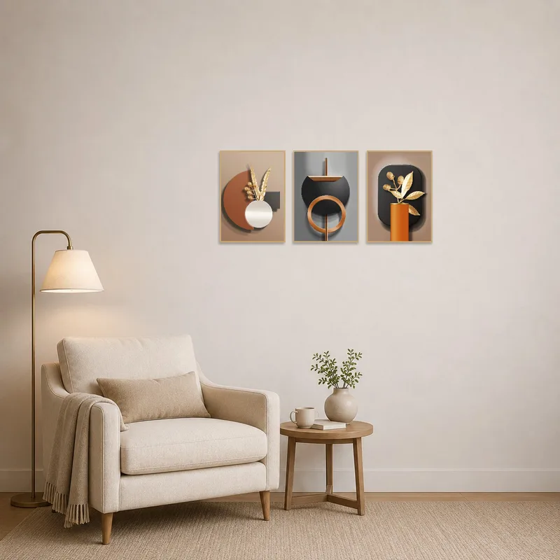 Geometric botanical set creating a cozy feel in a reading corner with an armchair.