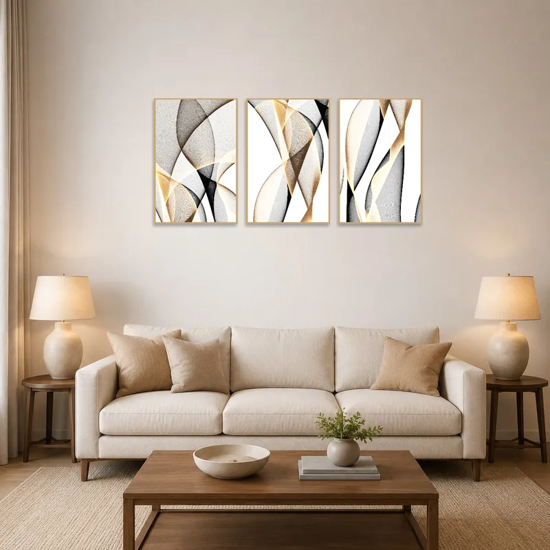 Elegant geometric curves print set in a modern living room setting.