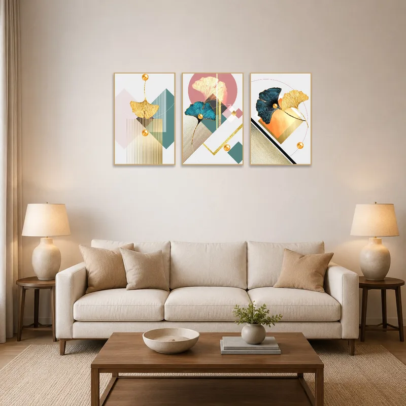 Triptych ginkgo art collection on living room wall above a modern sofa.