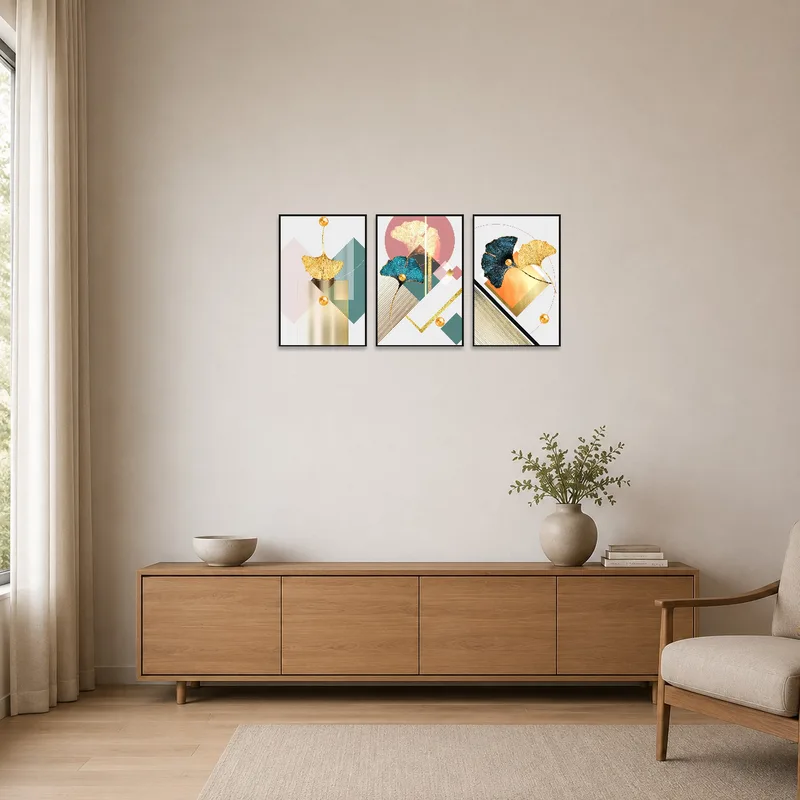 Minimalist room with geometric ginkgo art adding subtle elegance.
