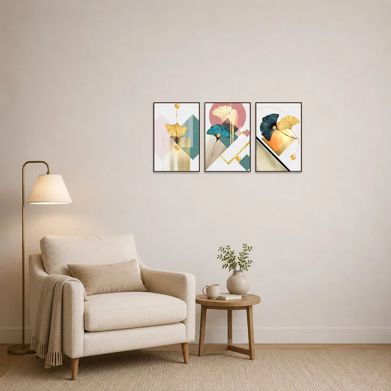 Reading corner featuring elegant geometric ginkgo art collection.