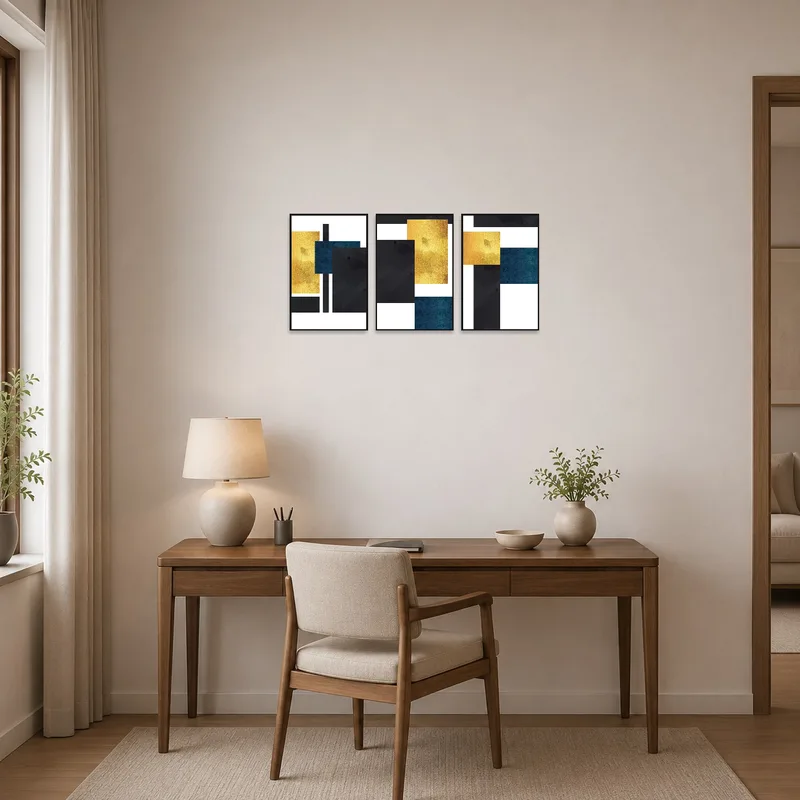 Home office featuring a sophisticated geometric gold and blue art set.