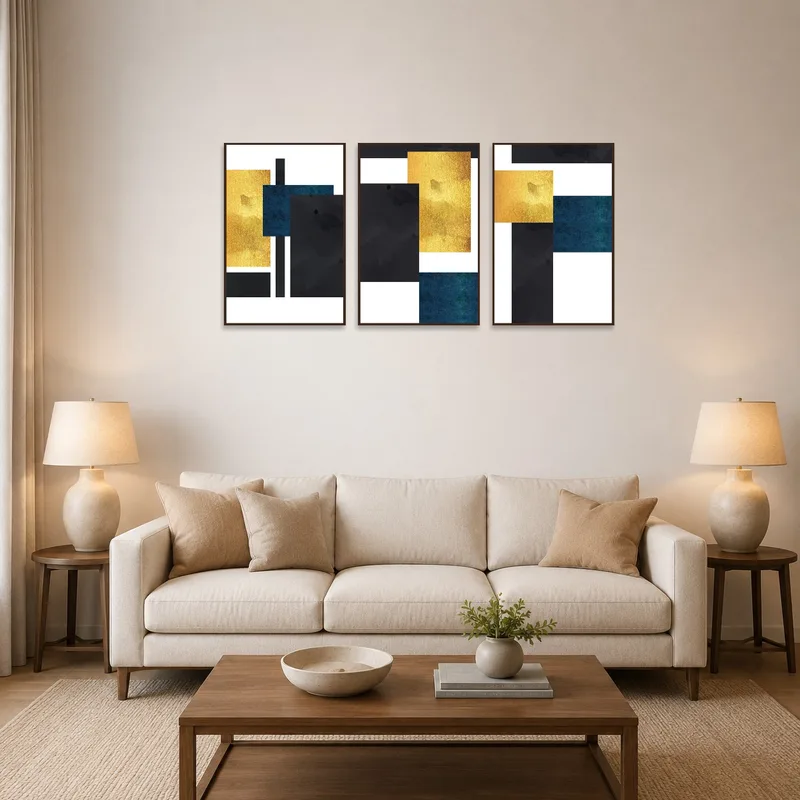 Triptych of elegant gold and blue geometric art in a spacious living room.