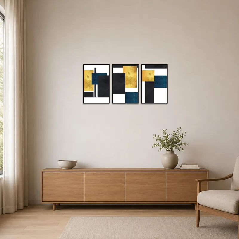 Minimalist room showcasing a geometric gold and blue triptych set.