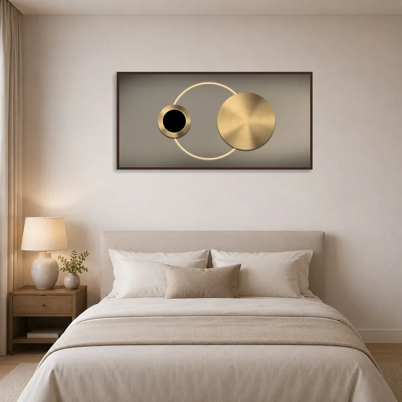 Geometric gold circles add elegance to the serene bedroom ambiance.