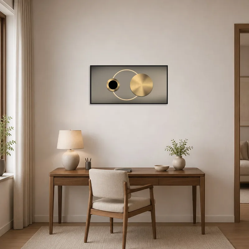 Gold geometric circles enhance the contemporary home office's wall.