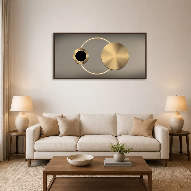 Elegant Geometric Gold Circle Composition adorns a sophisticated living room wall.