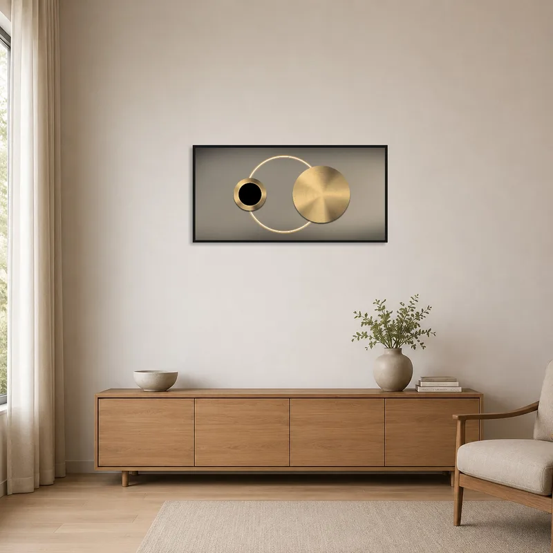 Sleek circles of gold geometry grace a minimalist room with simple furnishings.