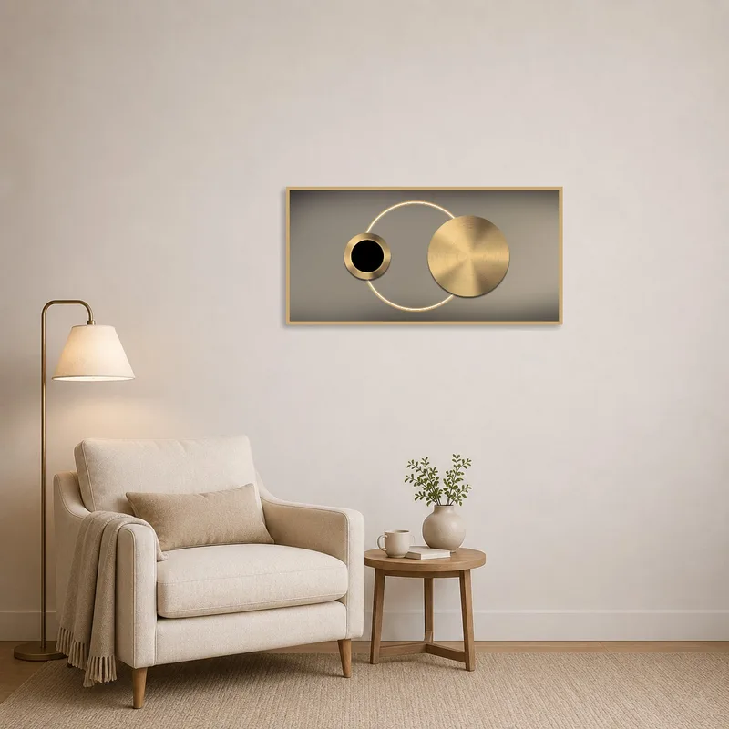 The reading corner exudes calm with a geometric gold circle display.