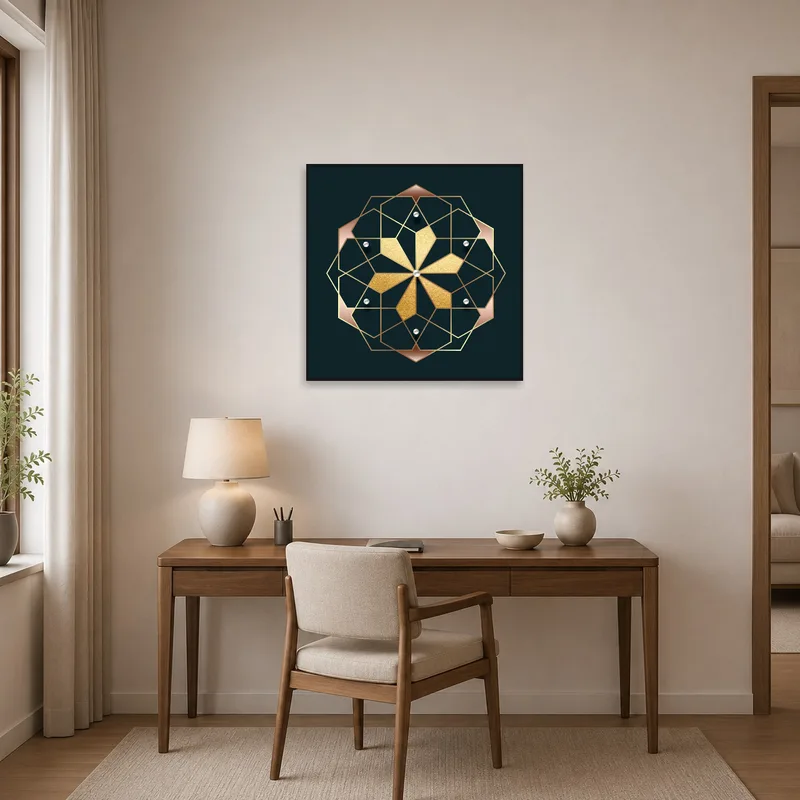 Home office accentuated by a gold floral geometric mandala piece.