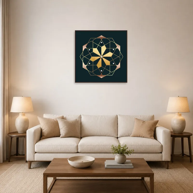 Gold floral mandala art in a stylish living room setting.