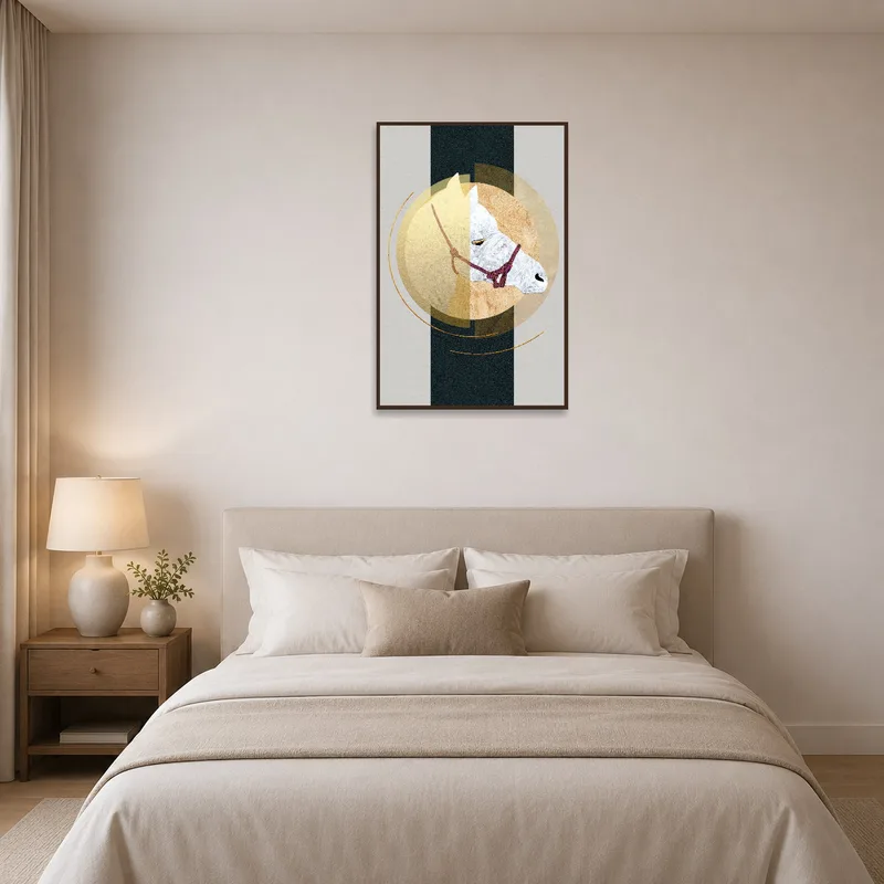 Geometric horse piece displayed in a tranquil bedroom with soft lighting and neutral bedding.