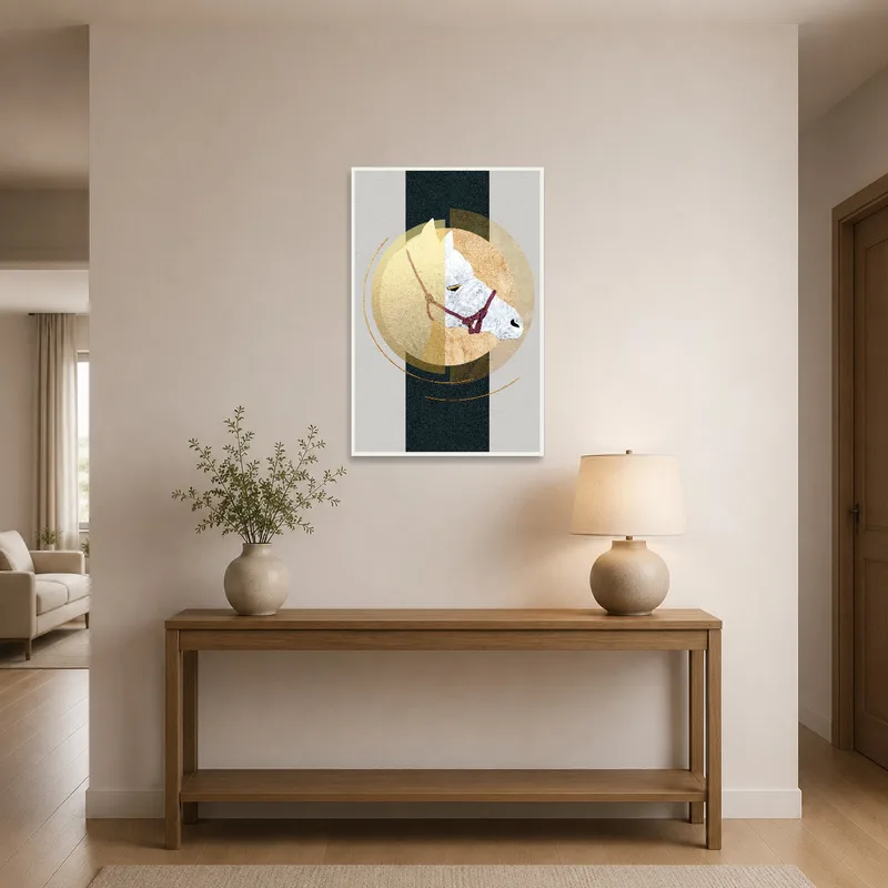 Abstract horse design greeting guests in an entrance hall with chic decor.