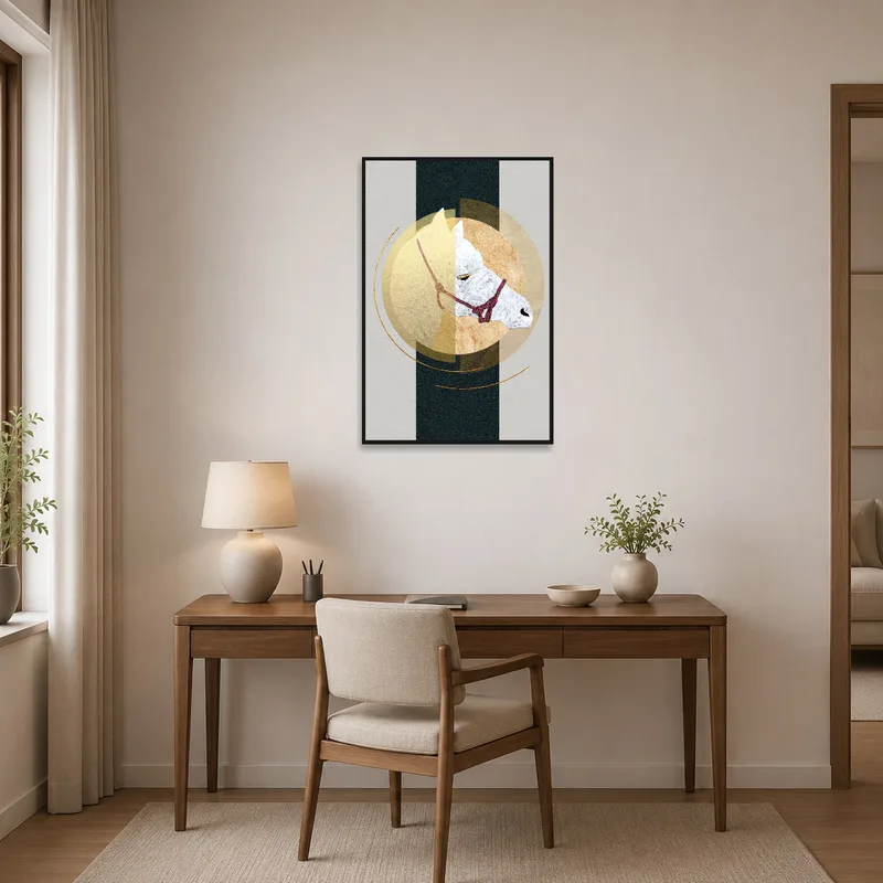 Stylish geometric horse art in a home office, complementing a modern and tidy workspace.