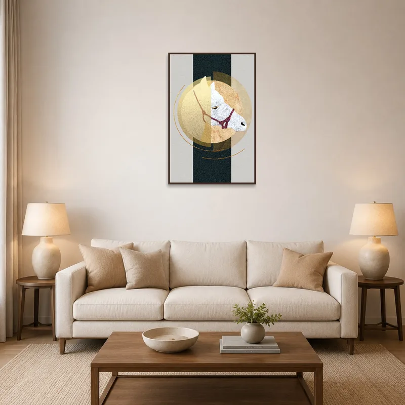Elegant geometric horse art on a living room wall with cozy seating and warm lighting.