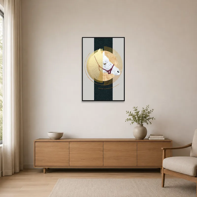 Geometric horse artwork enhancing a minimalist room with clean lines and neutral colors.