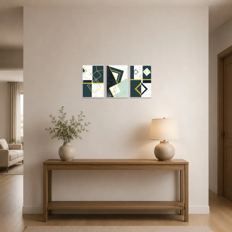 Marble and gold geometric art set welcoming guests in an entrance hall.