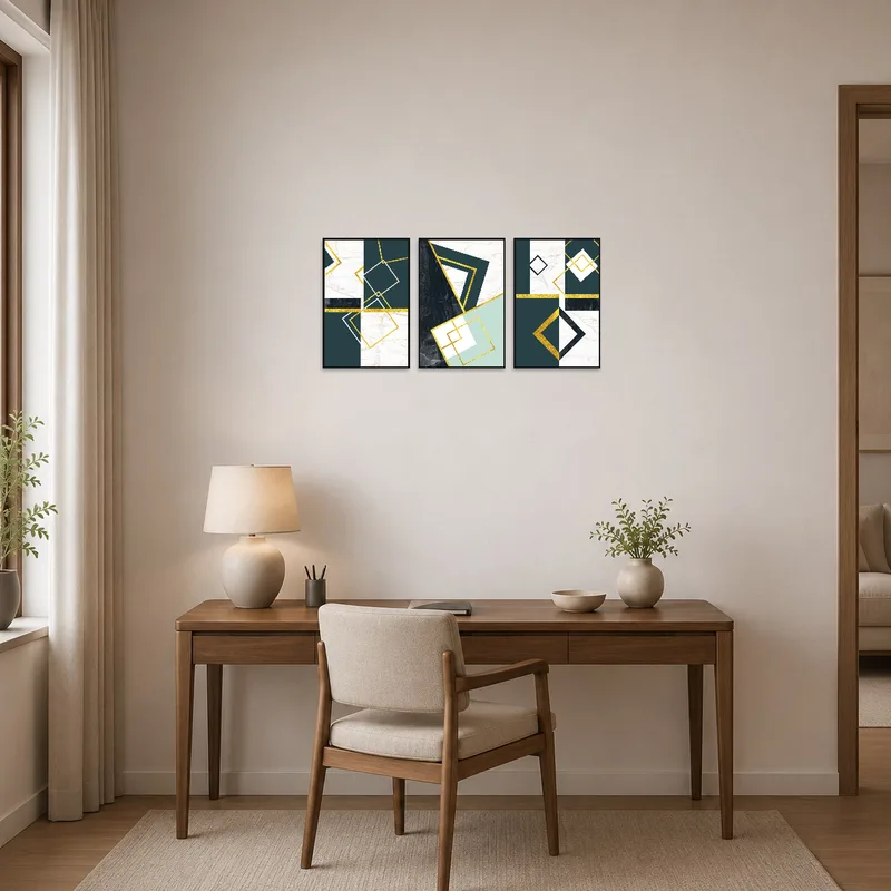 Stylish marble and gold geometric artworks inspiring a home office.