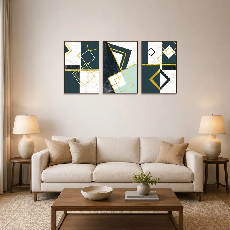Triptych artwork with marble and gold geometric patterns in chic living room.