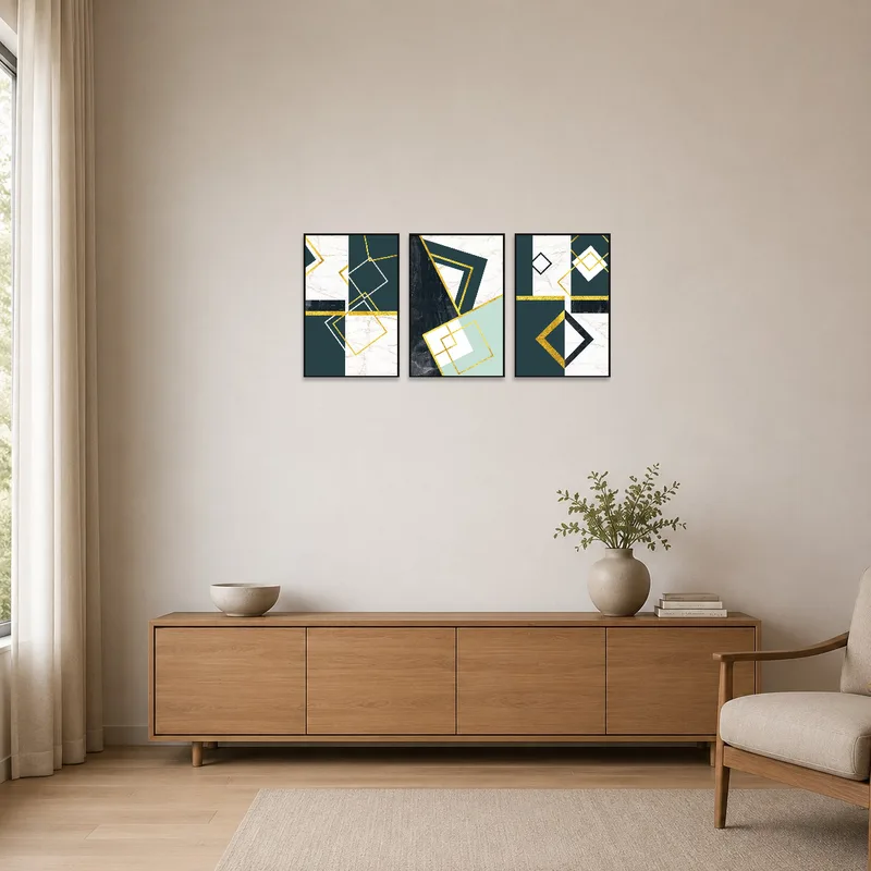 Elegant geometric marble and gold set in minimalist space.