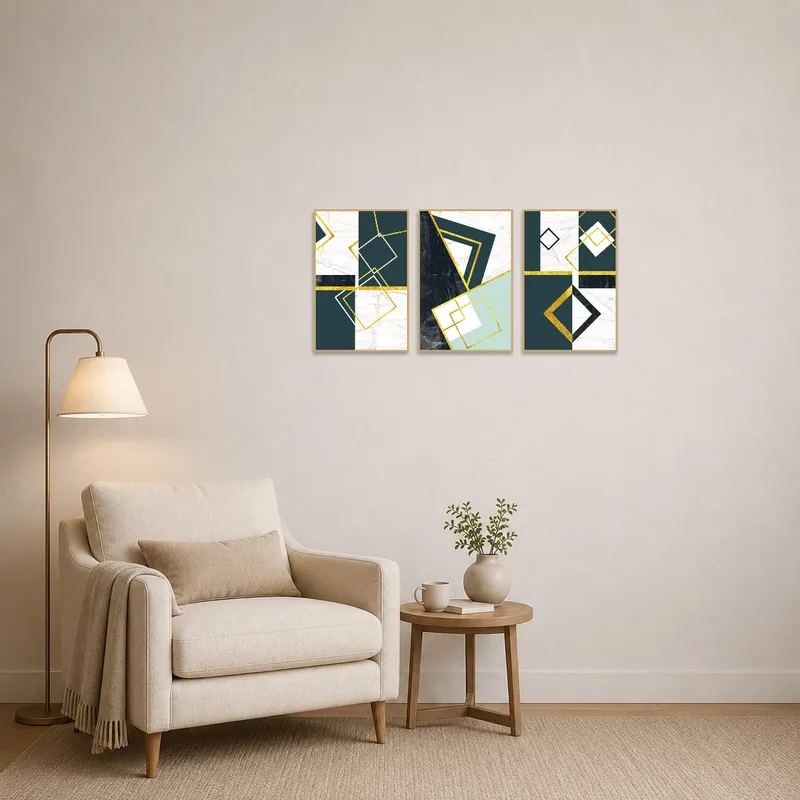 Sophisticated triptych with marble and gold enhancing a cozy reading corner.