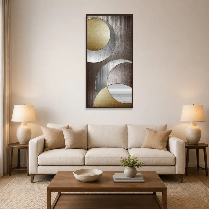 Elegant geometric metallic circles art print in a stylish living room setting.