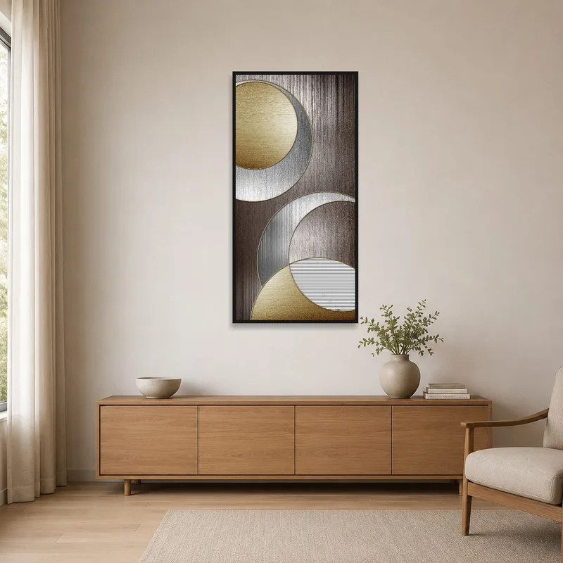 Elegant geometric metallic circles art print showcased in a minimalist space.