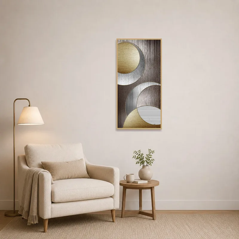 Elegant geometric metallic circles art print adorning a cozy reading corner.