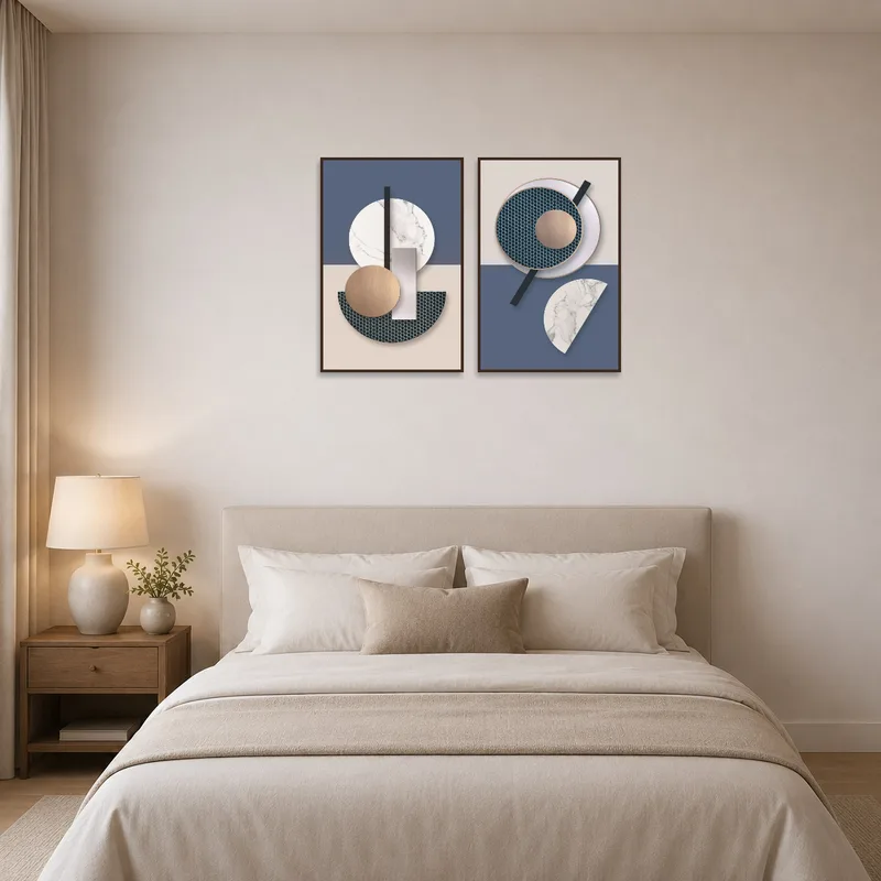 Elegant geometric art set adds tranquility and style to a modern bedroom.