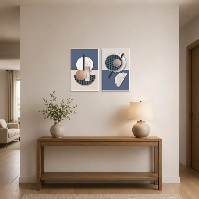 Geometric minimalist art set greeting guests in a stylish entrance hall.